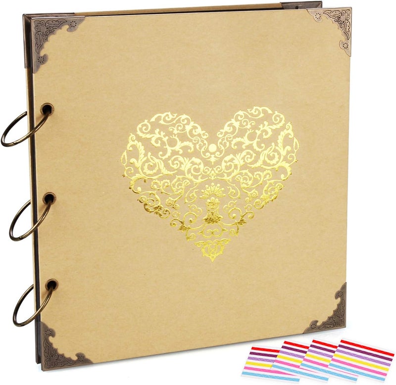 ADVcer Photo Album DIY Scrapbook, 10x10 inch 50 Pages Double Sided, Vintage Hardcover Three-Ring Binder Picture Booth with 408pcs 6 Colors Self Adhesive Photos Corners (Champagne, Gold Blocking Heart) - Image 1