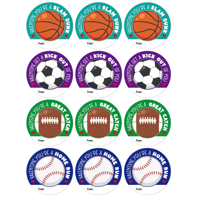 FaCraft 72PCS Happy Valentine's Day Stickers - Sports Valentines for Kids Boys Stickers Labels 1.5" Sports Sticker Valentine's Day Gift Tags Valentines Label for Envelope Seals Card Box Party Favor - Image 1