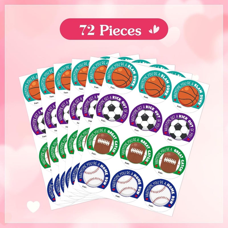 FaCraft 72PCS Happy Valentine's Day Stickers - Sports Valentines for Kids Boys Stickers Labels 1.5" Sports Sticker Valentine's Day Gift Tags Valentines Label for Envelope Seals Card Box Party Favor - Image 2