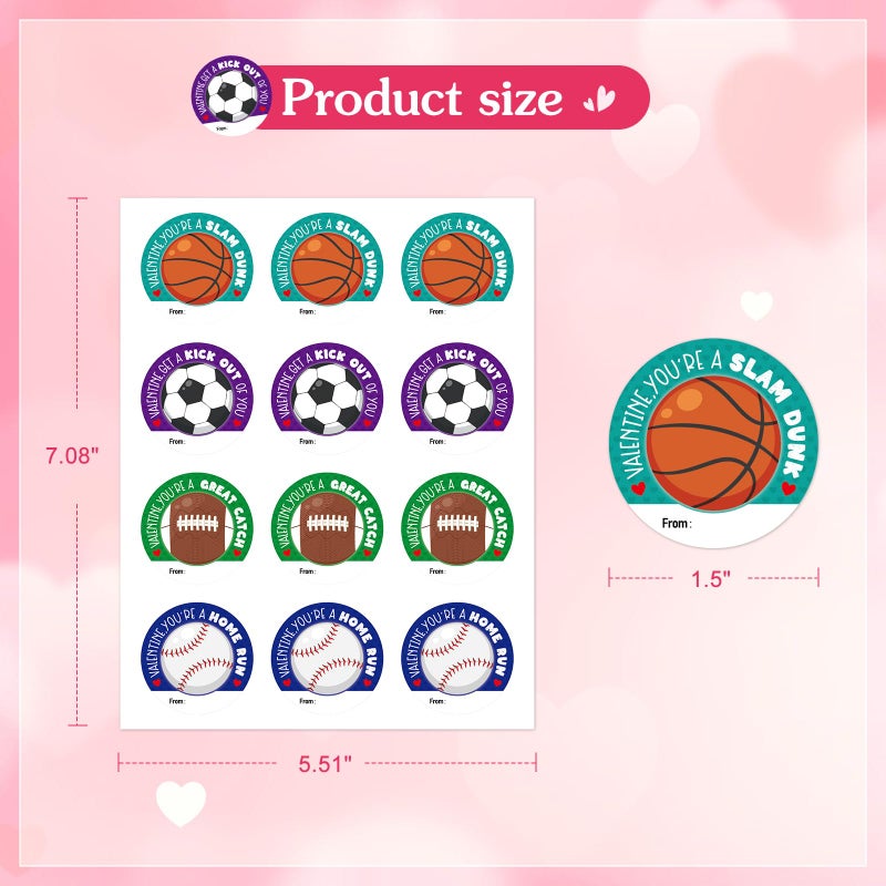 FaCraft 72PCS Happy Valentine's Day Stickers - Sports Valentines for Kids Boys Stickers Labels 1.5" Sports Sticker Valentine's Day Gift Tags Valentines Label for Envelope Seals Card Box Party Favor - Image 3