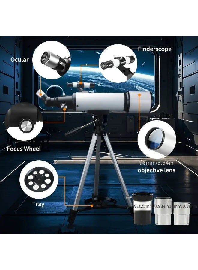 تلسكوب فلكي احترافي للبالغين بعدسة 90 مم وطول بؤري 500 مم – تكبير 150 مرة، تركيز يدوي، تصميم محمول مع حامل للهاتف - Image 3