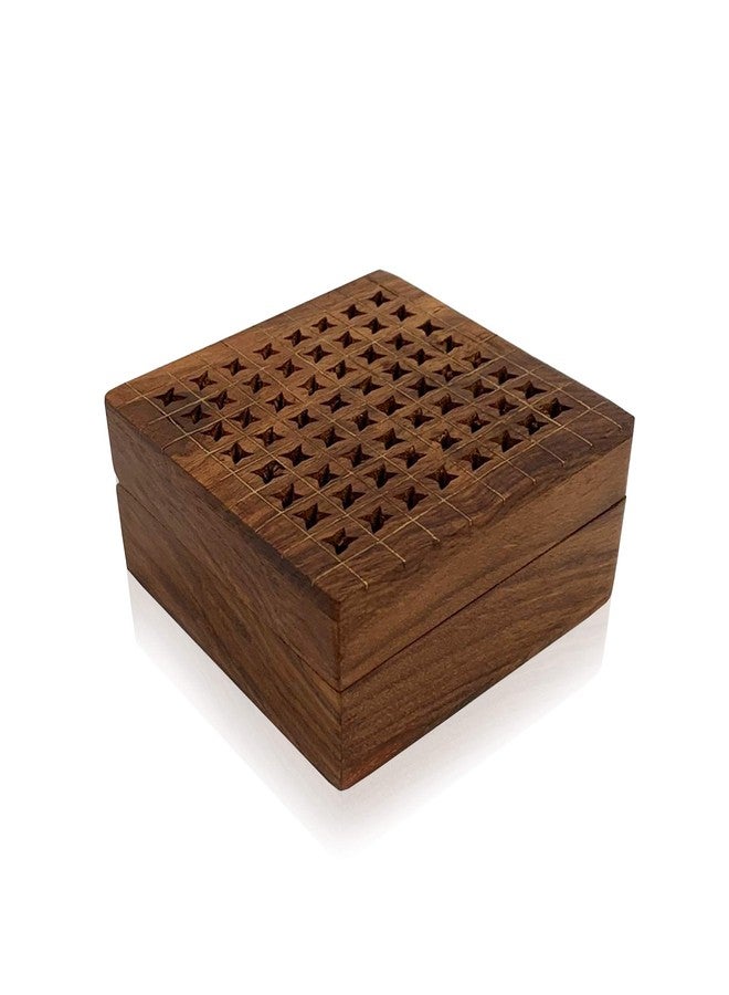 IOTC Handmade Brass Inlay 4-Inch by 4-Inch Sheesham Wooden Perforated Jewelry Storage Box with Inlay Design for Women - Organizer Display Storage Case - Image 1