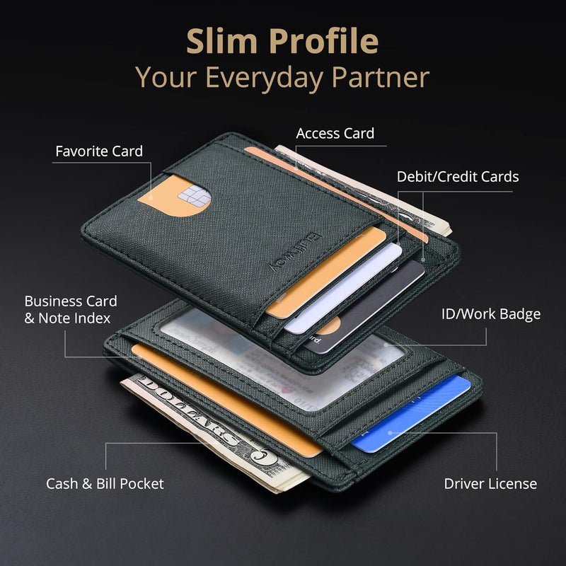 Buffway Slim Minimalist Front Pocket RFID Blocking Leather Wallets for Men and Women - Cross Blackish Green - Image 3