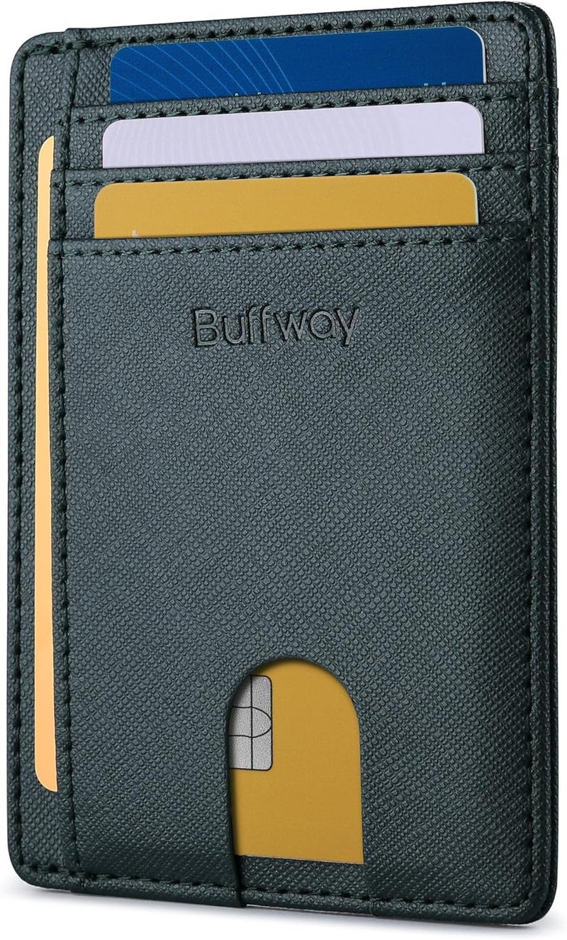 Buffway Slim Minimalist Front Pocket RFID Blocking Leather Wallets for Men and Women - Cross Blackish Green - Image 1