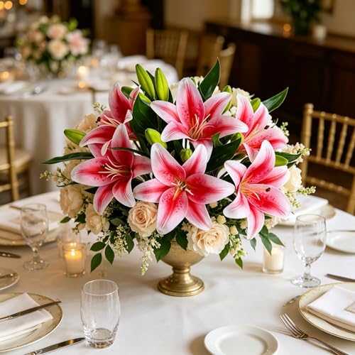 Kimura's Cabin 6Pcs Tiger Lily Artificial Flowers Real Touch Fake Lilies with Stems Faux Lilies Bouquet for Wedding Floral Arrangements Easter Home Table Centerpiece Office Decor(Pink - Image 3