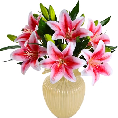 Kimura's Cabin 6Pcs Tiger Lily Artificial Flowers Real Touch Fake Lilies with Stems Faux Lilies Bouquet for Wedding Floral Arrangements Easter Home Table Centerpiece Office Decor(Pink - Image 1