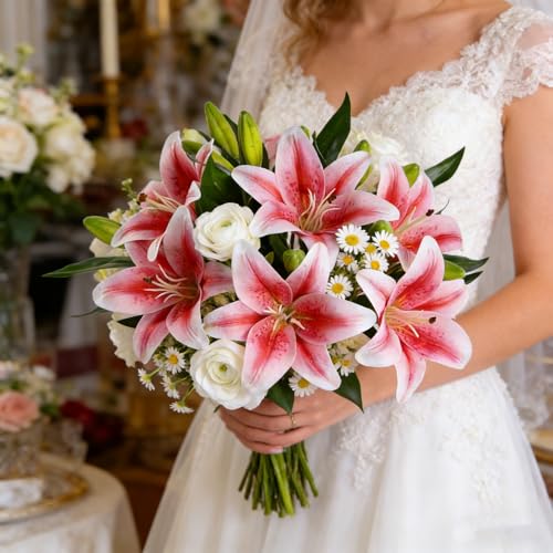 Kimura's Cabin 6Pcs Tiger Lily Artificial Flowers Real Touch Fake Lilies with Stems Faux Lilies Bouquet for Wedding Floral Arrangements Easter Home Table Centerpiece Office Decor(Pink - Image 5