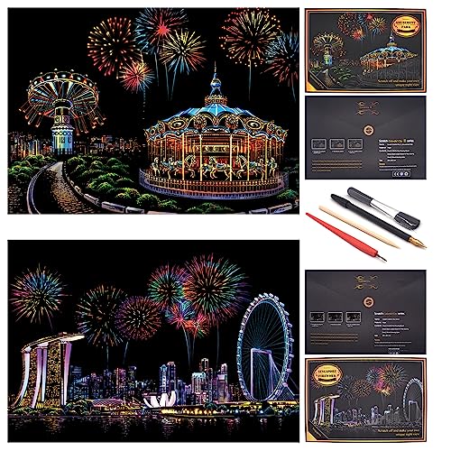BOTEEN Scratch Painting Rainbow Paper by BOTEEN, Sketch DIY Art Craft Night View Creative Gift,Scratchboard for Adults and Kids ,Craft Kits with 4 Tools,Size:16''x11'' - Image 1