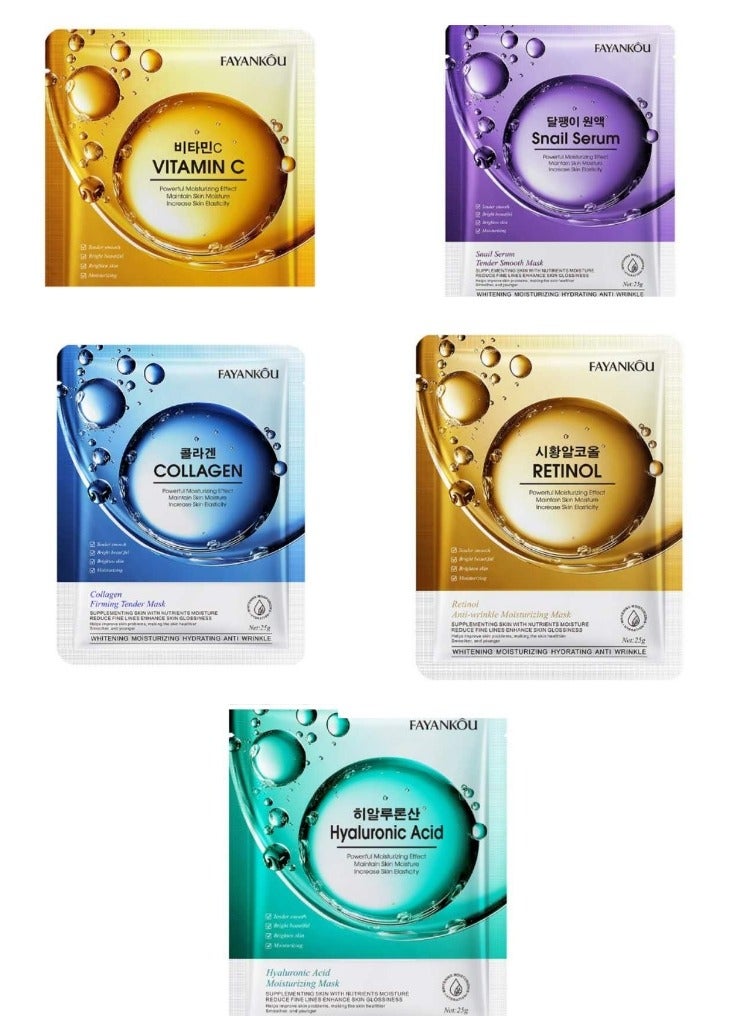 FAYANKOU 10 Packs Moisturizing Hydreating Faical Mask Hyaluronic Acid Faical Mask  Vitamin C Faical Mask Retinol  Snail Serum Collagen Faical Mask - Image 1
