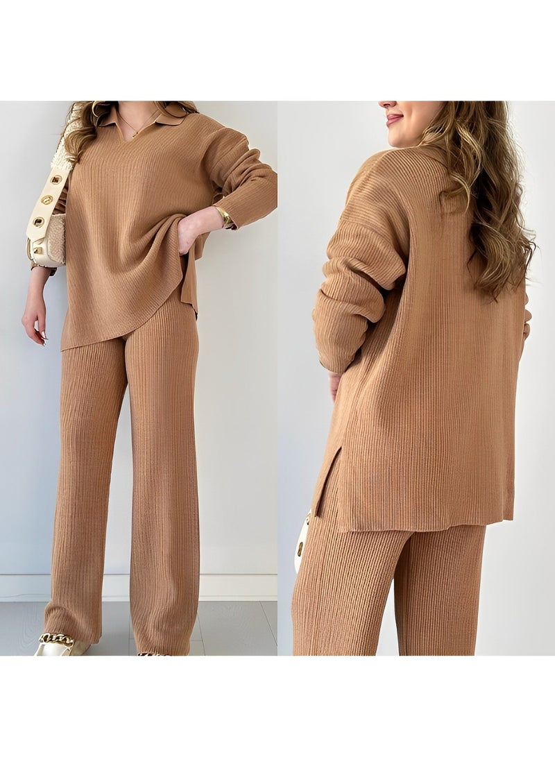 ريوكل طقم ملابس نسائي مكون من قطعتين، بلوزة محبوكة بأكمام طويلة ورقبة على شكل حرف V وبنطلون واسع الساق - Image 2