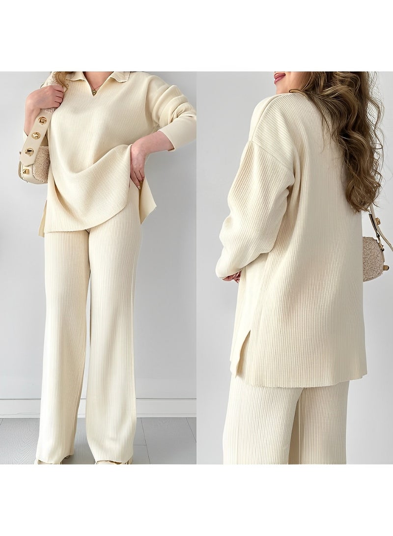 ريوكل طقم ملابس نسائي مكون من قطعتين، بلوزة محبوكة بأكمام طويلة ورقبة على شكل حرف V وبنطلون واسع الساق - Image 3