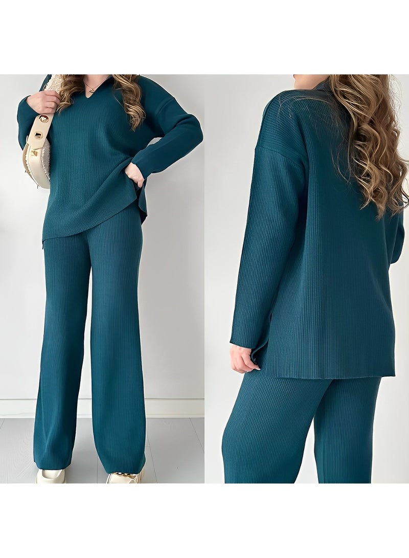 ريوكل طقم ملابس نسائي مكون من قطعتين، بلوزة محبوكة بأكمام طويلة ورقبة على شكل حرف V وبنطلون واسع الساق - Image 4