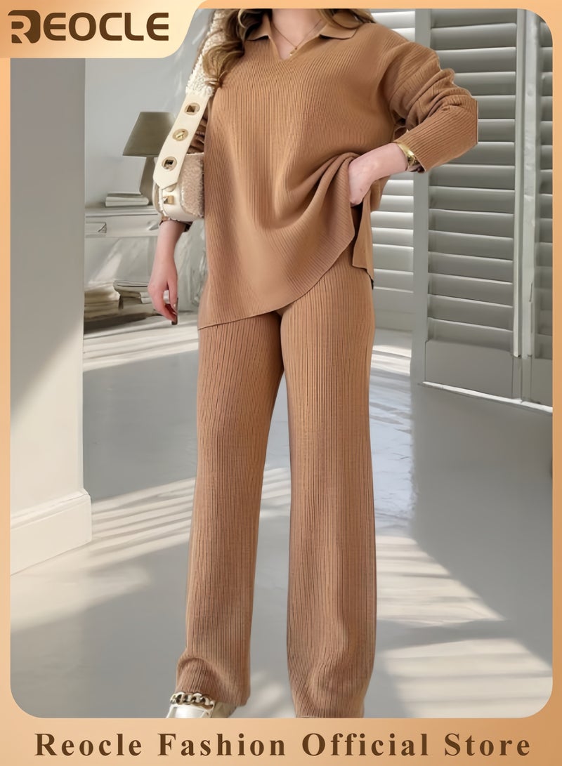 ريوكل طقم ملابس نسائي مكون من قطعتين، بلوزة محبوكة بأكمام طويلة ورقبة على شكل حرف V وبنطلون واسع الساق - Image 1