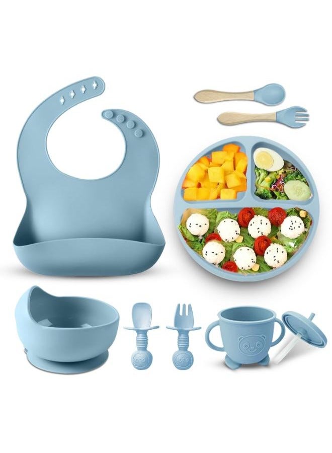 Eoptify 8 Pcs Silicone Baby Feeding Set, Baby Led Weaning Set, Feeding Supplies for Toddlers with Suction Bowl & Divided Plate, Adjustable Silicone Bib, Straw Cup with Spoon & Fork Self-Eating utensils set - Image 1