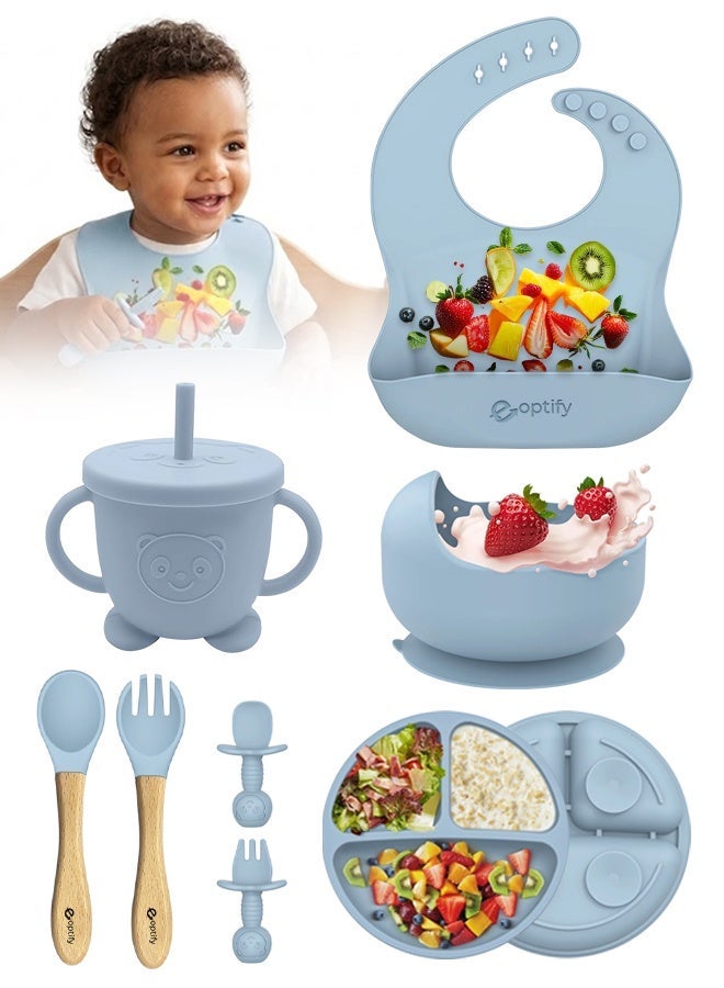 Eoptify 8 Pcs Silicone Baby Feeding Set, Baby Led Weaning Set, Feeding Supplies for Toddlers with Suction Bowl & Divided Plate, Adjustable Silicone Bib, Straw Cup with Spoon & Fork Self-Eating utensil