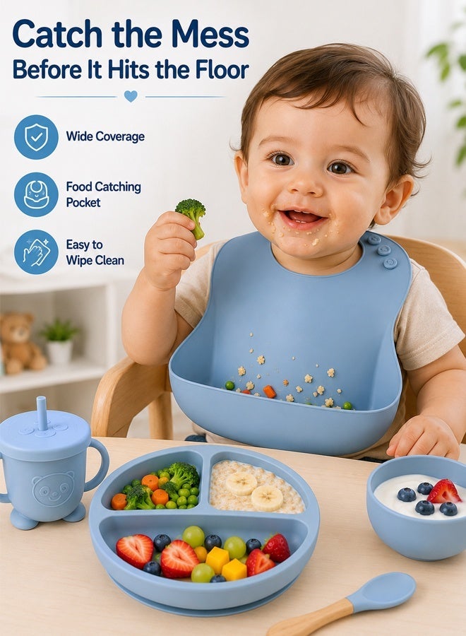 Eoptify 8 Pcs Silicone Baby Feeding Set, Baby Led Weaning Set, Feeding Supplies for Toddlers with Suction Bowl & Divided Plate, Adjustable Silicone Bib, Straw Cup with Spoon & Fork Self-Eating utensils set - Image 5