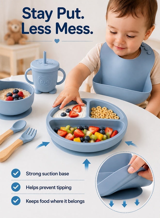 Eoptify 8 Pcs Silicone Baby Feeding Set, Baby Led Weaning Set, Feeding Supplies for Toddlers with Suction Bowl & Divided Plate, Adjustable Silicone Bib, Straw Cup with Spoon & Fork Self-Eating utensils set - Image 3