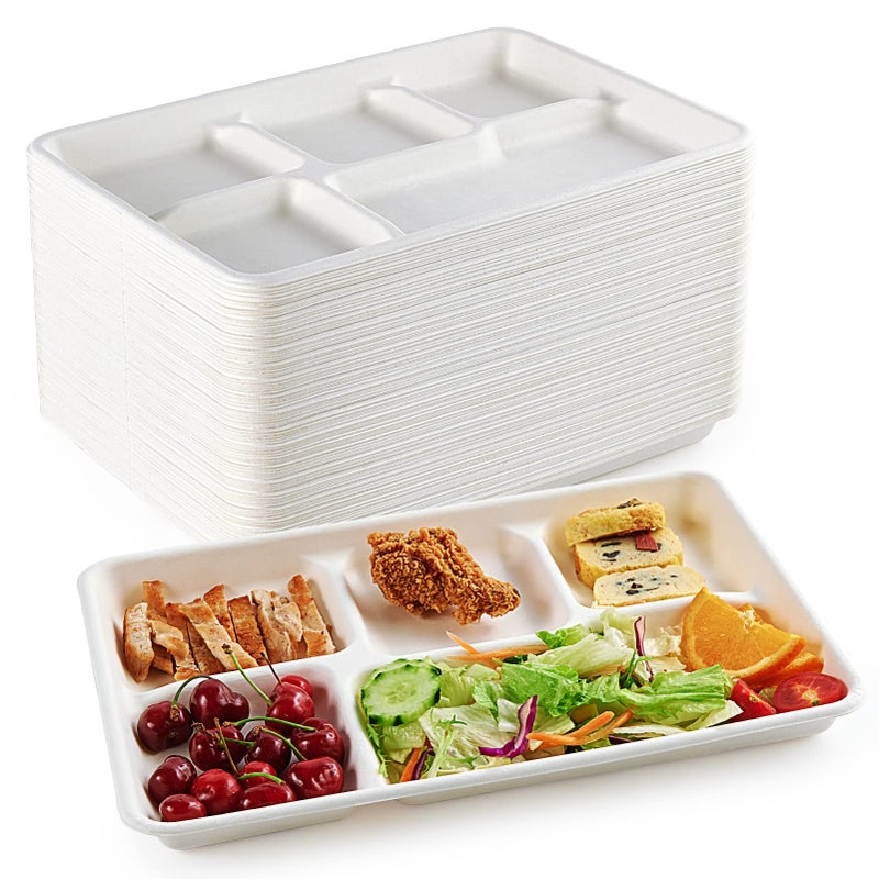 ECOLipak أطباق ECOLipak القابلة للتحلل 100% 5 أقسام 100 عبوة أطباق ورقية قابلة للاستخدام لمرة واحدة 12.5 * 8.6 بوصة أطباق من قصب السكر القابلة للتحلل صديقة للبيئة لوجبات الغداء المدرسية - Image 1