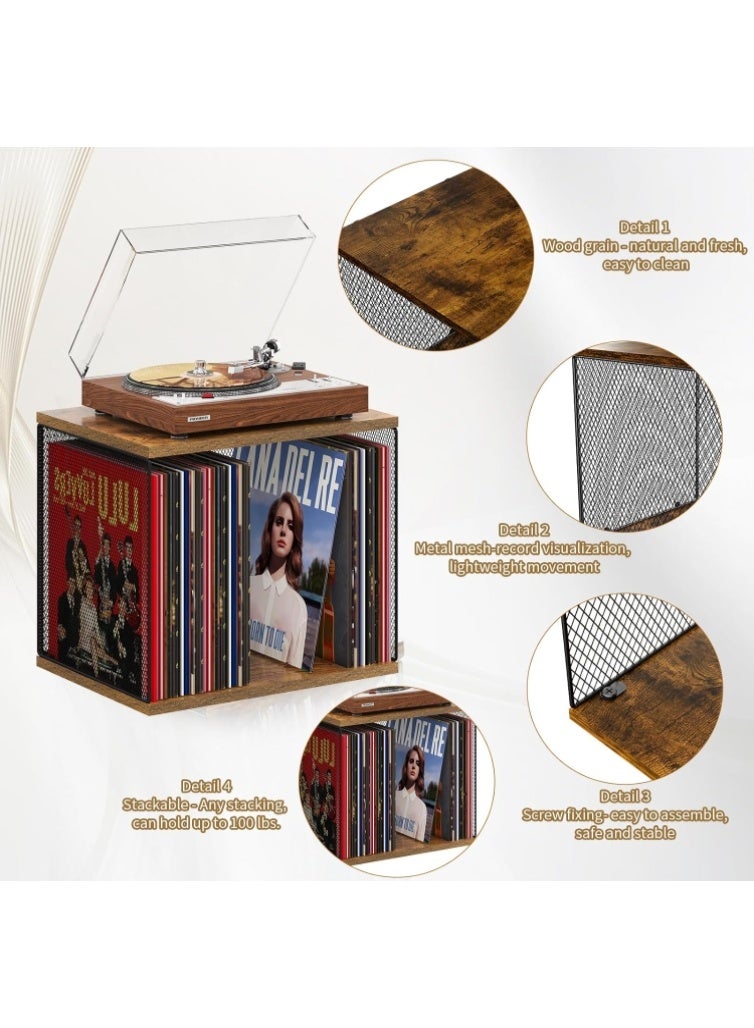 Forthcan Cube Record Holder, Turntable-Compatible Desktop, DIY Stackable Vinyl Record Storage, Holds 50-70 Records, Wooden Organizer Crate, Vintage Country Style Vinyl Storage Box - Image 3