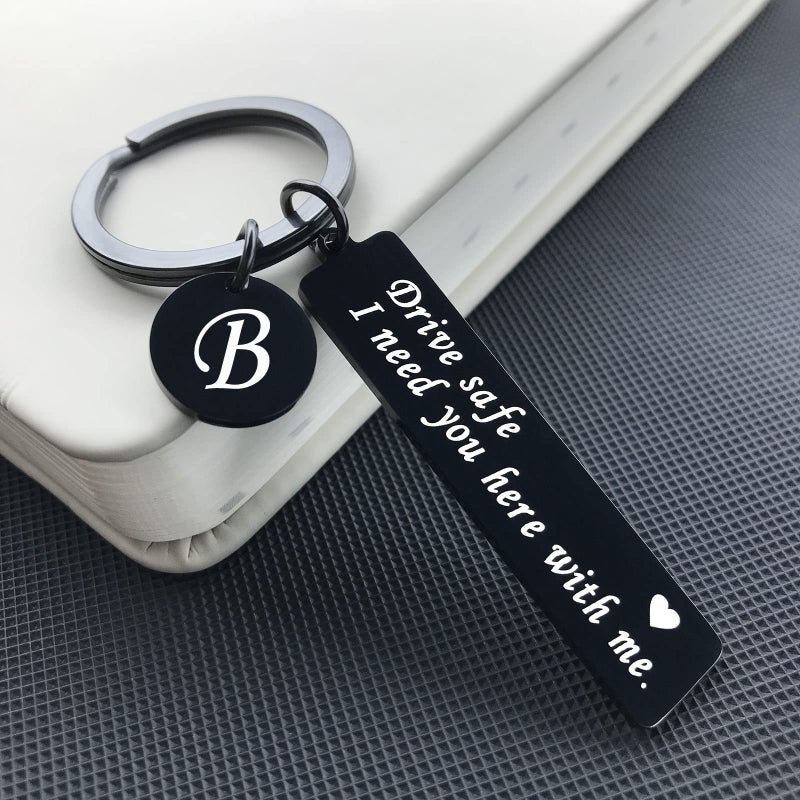 CINDYHE Drive Safe Keychain for Boyfriend Valentines day I Love You Gifts for Him I Need You Here With Me 26 Letters Black Keychain (Black keychain letter A) - Image 4