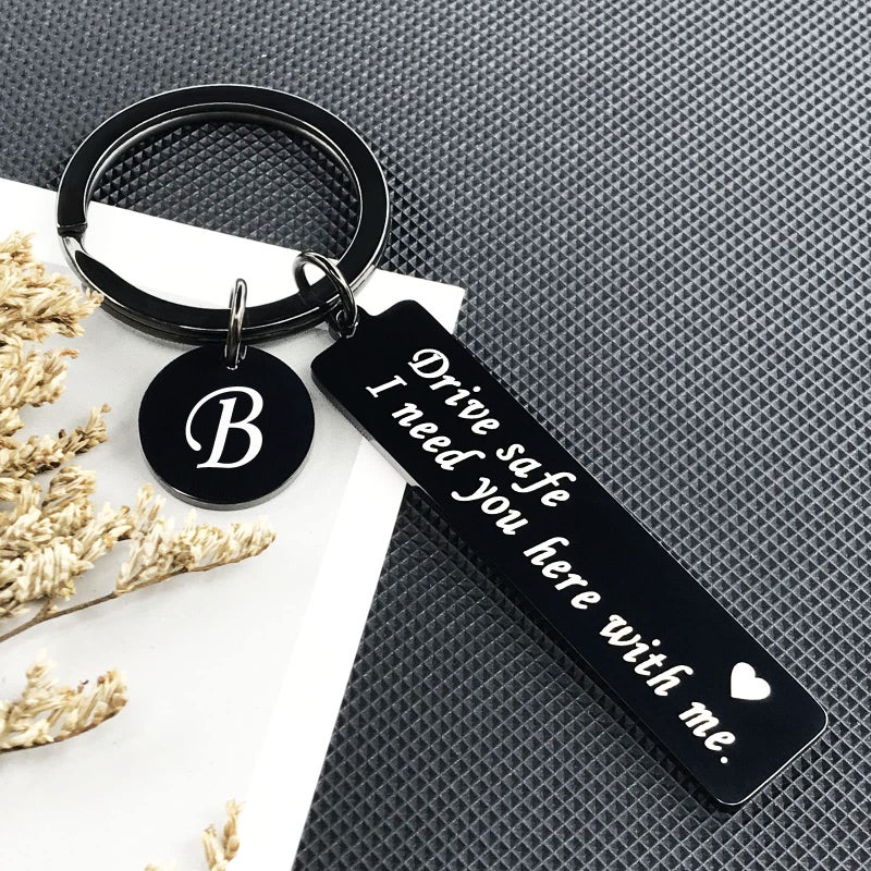 CINDYHE Drive Safe Keychain for Boyfriend Valentines day I Love You Gifts for Him I Need You Here With Me 26 Letters Black Keychain (Black keychain letter A) - Image 3