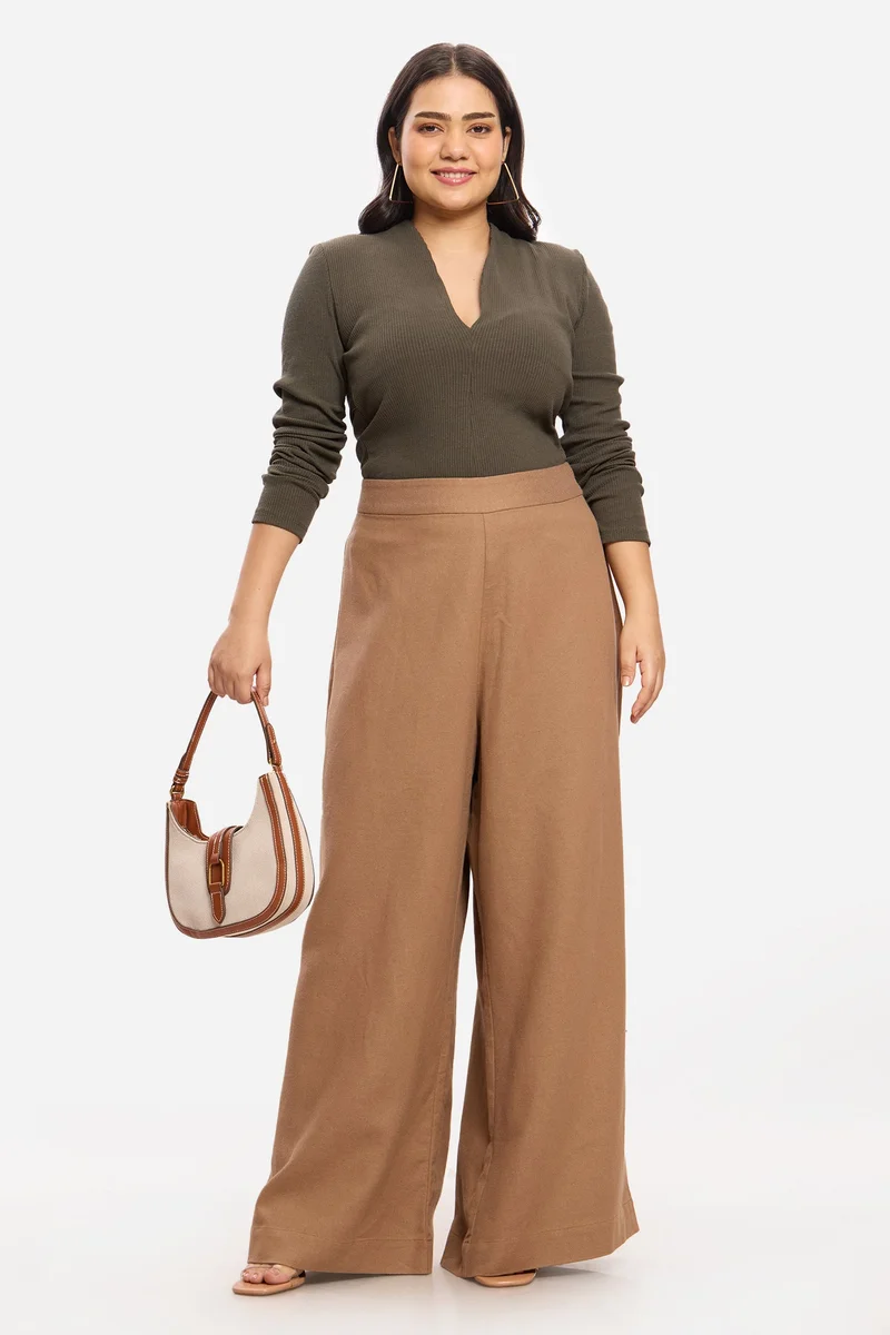 Virgio Solid Cotton Wide Leg Plus Size Trousers for Women