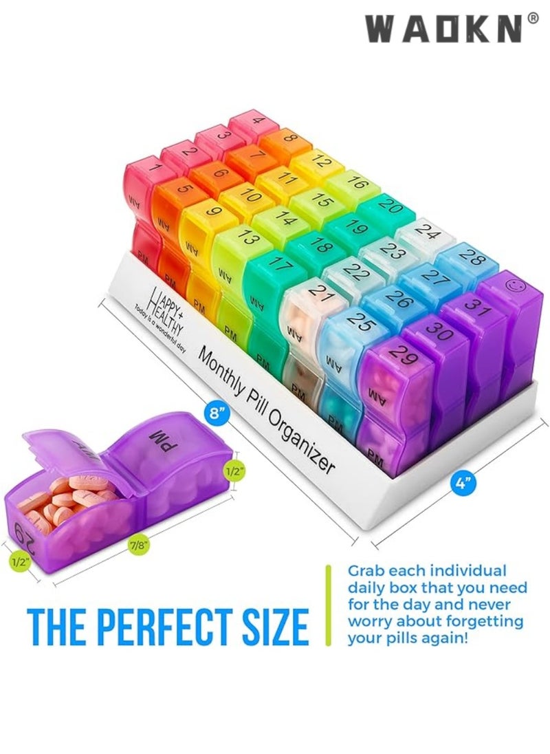 Pill Organizer Monthly - 31 Day Am/Pm Daily Pill Organizer 32 Pill Cases for Each Day, Pill Dispenser and Monthly Pill Organizer Box for Vitamins, Medicine and Medication
