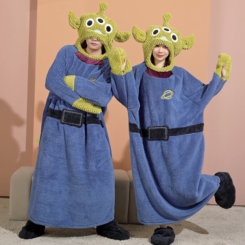 Winter Conjoined Couples Nightgown Women'S Cartoon Three-Eyed Monster Fleece-Lined Thick Warm Men'S Flannel Hooded Home Clothes - Image 2