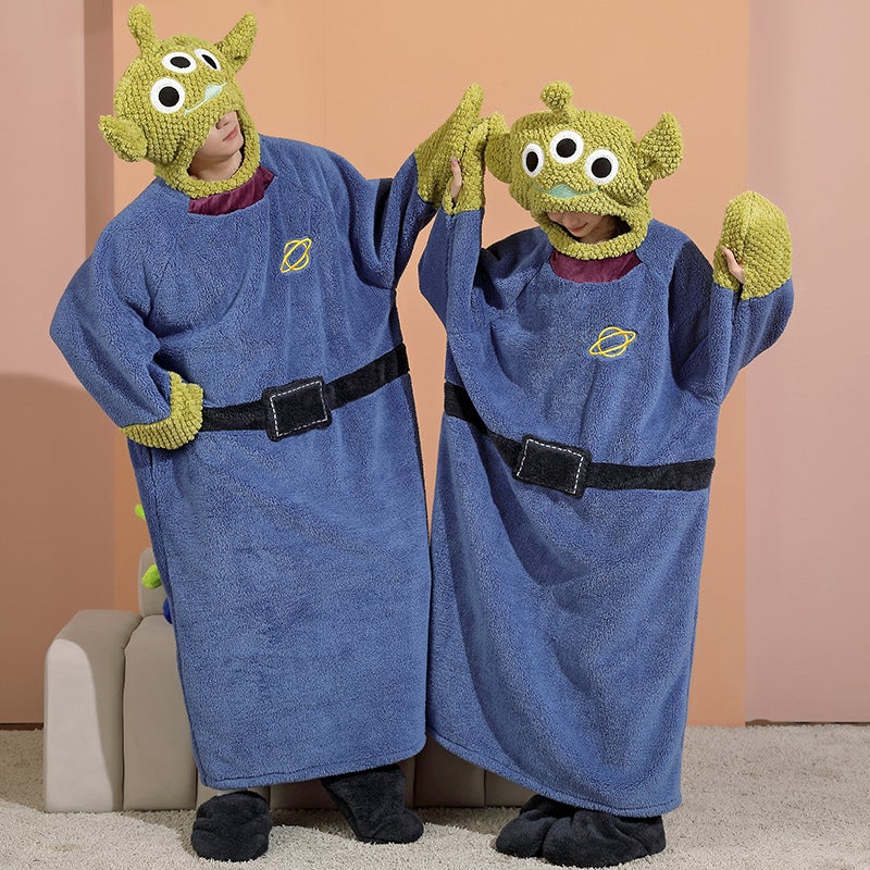 Winter Conjoined Couples Nightgown Women'S Cartoon Three-Eyed Monster Fleece-Lined Thick Warm Men'S Flannel Hooded Home Clothes - Image 4
