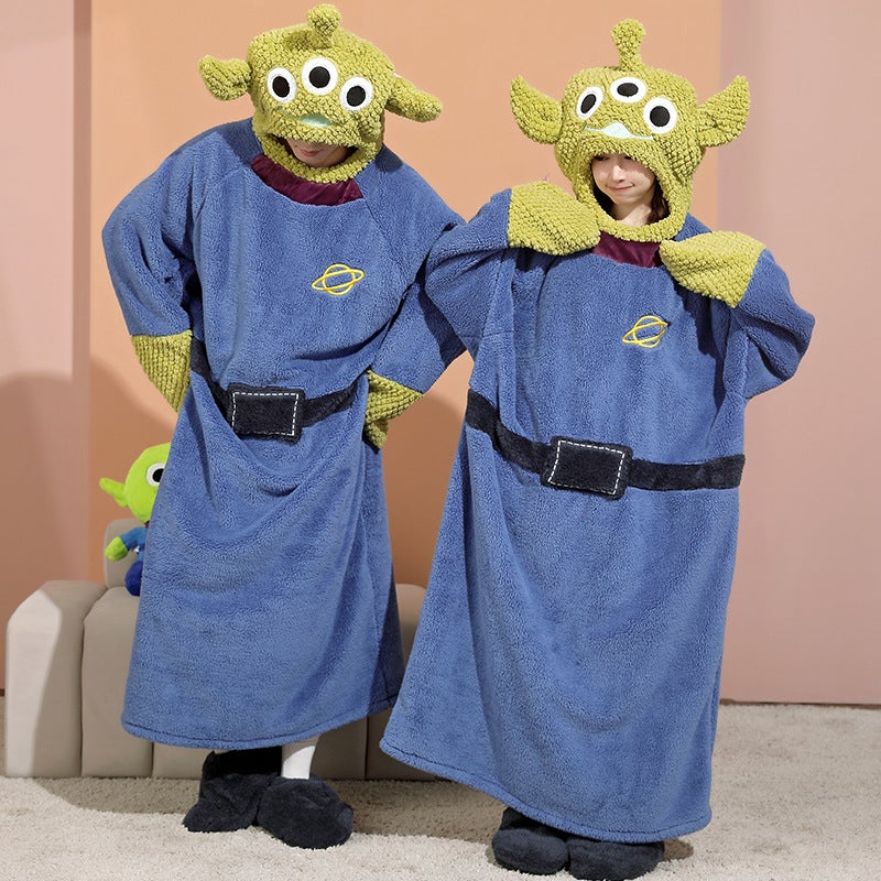 Winter Conjoined Couples Nightgown Women'S Cartoon Three-Eyed Monster Fleece-Lined Thick Warm Men'S Flannel Hooded Home Clothes - Image 5