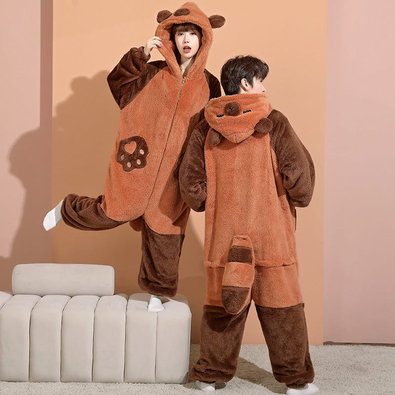 Winter Conjoined Couples Nightgown Women'S Cartoon Three-Eyed Monster Fleece-Lined Thick Warm Men'S Flannel Hooded Home Clothes - Image 1