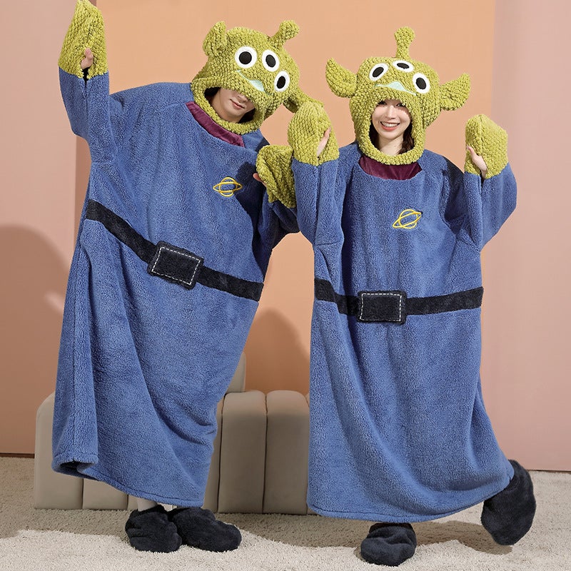 Winter Conjoined Couples Nightgown Women'S Cartoon Three-Eyed Monster Fleece-Lined Thick Warm Men'S Flannel Hooded Home Clothes - Image 3