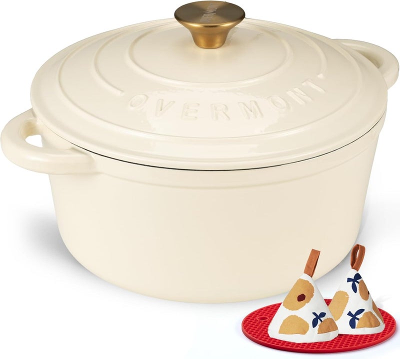 Overmont Roasting Dish Enamel Cast Iron Pot - 24 cm Oven Safe - with Lid and Cookbook - for Kitchen Baking Braising Roasting White - Image 1