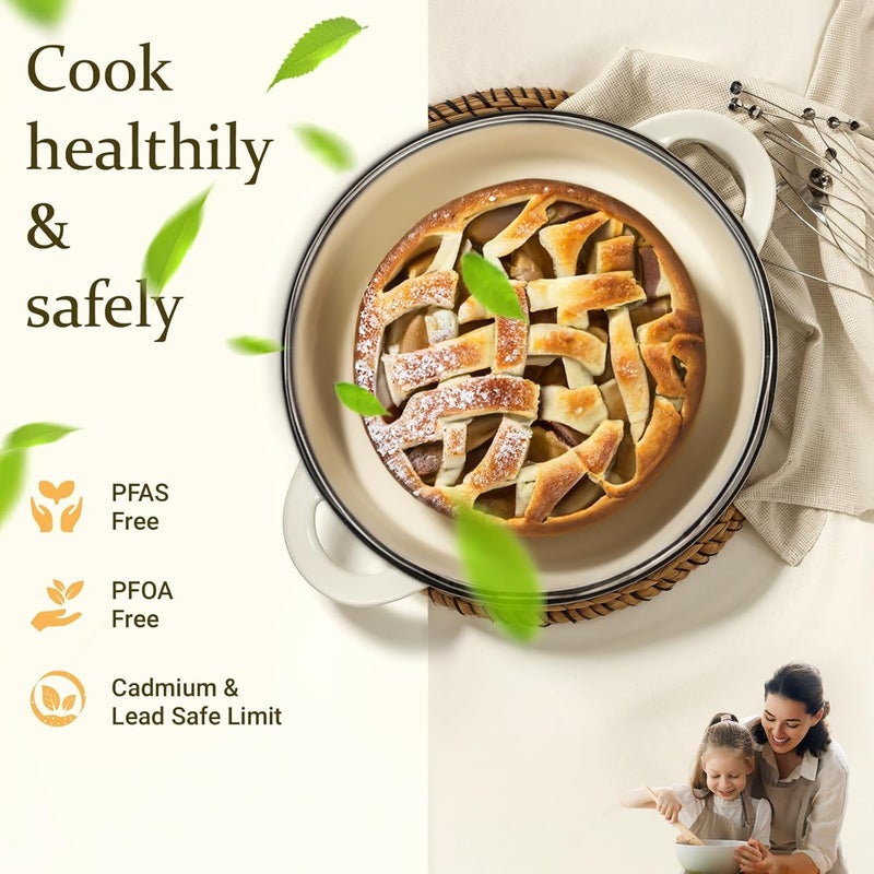 Overmont Roasting Dish Enamel Cast Iron Pot - 24 cm Oven Safe - with Lid and Cookbook - for Kitchen Baking Braising Roasting White - Image 2