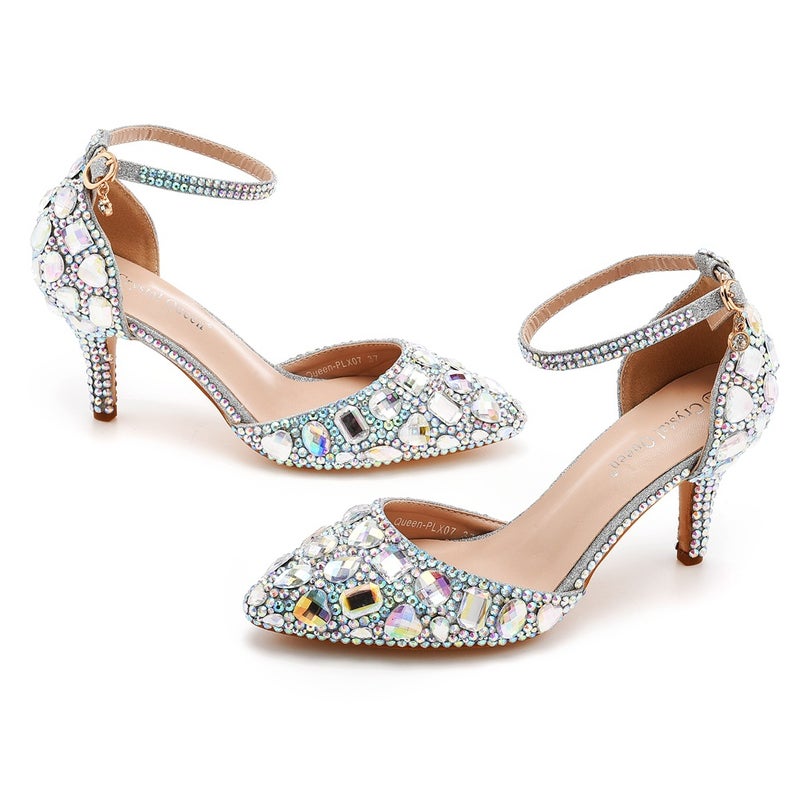 7Cm Large Size Sandals Stiletto Heel Pointed Rhinestone High Heel Sandals Golden Rhinestone High Heels Wedding Shoes - Image 1