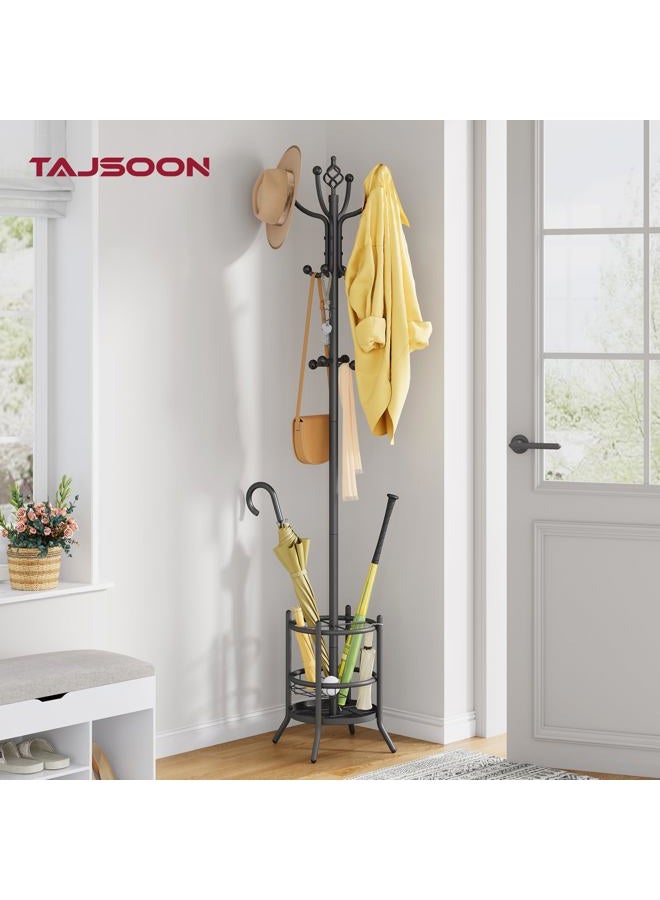 Tajsoon Coat Rack Freestanding, Coat Tree with Umbrella Holder, Coat Hangers Stand with 16 Hooks, Coat Stand for Living Room, Bedroom, Office, Grey - Image 2