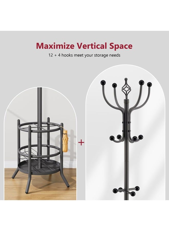 Tajsoon Coat Rack Freestanding, Coat Tree with Umbrella Holder, Coat Hangers Stand with 16 Hooks, Coat Stand for Living Room, Bedroom, Office, Grey - Image 5