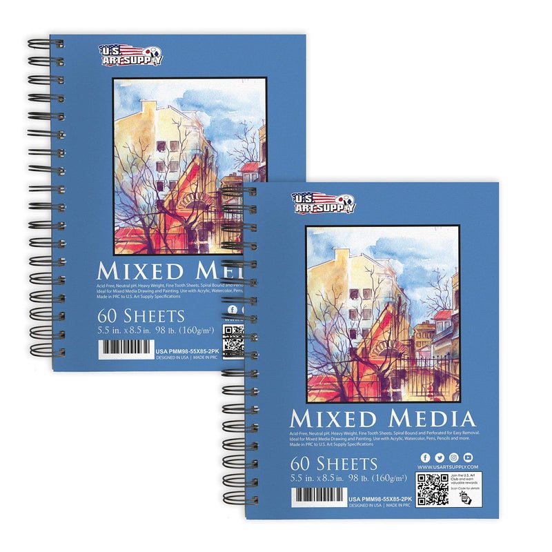 US Art Supply 55x85 Mixed Media Sketchbook 2 Pack 60 Sheets 98 lb 160 GSM SpiralBound Pad with Perforated AcidFree Paper Artist Sketch Book for Drawing Painting Watercolor