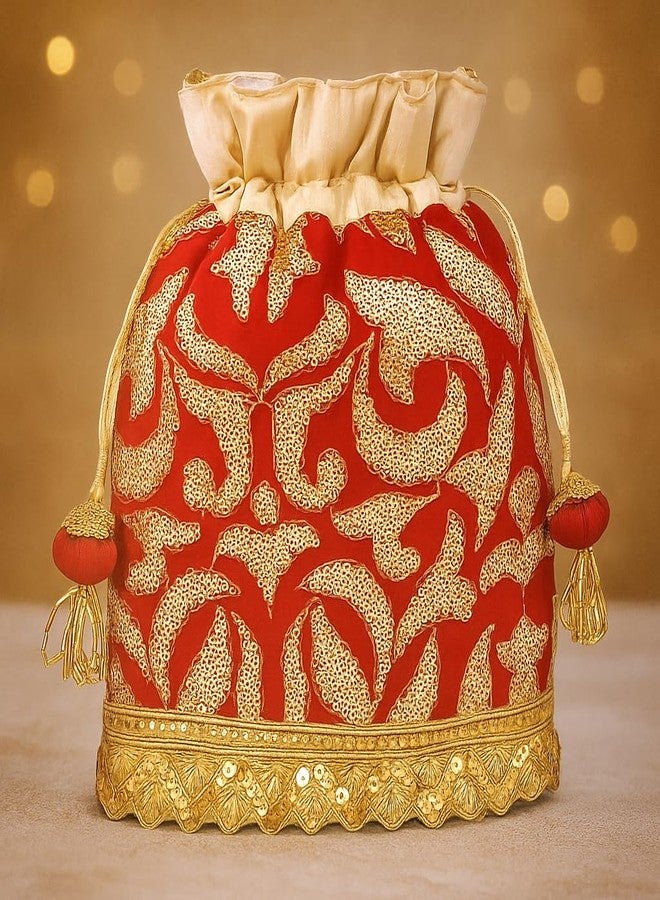 DUCHESS Potli Bag for Women, Ladies & Girls | Traditional Batua Purse with Sequin & Zari Embroidery | Ideal Potli Bag for Wedding, Return Gifts, Festive Functions | Dori Handle (Red) - Image 2