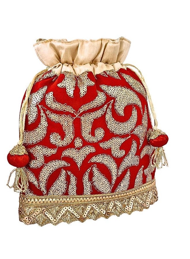 DUCHESS Potli Bag for Women, Ladies & Girls | Traditional Batua Purse with Sequin & Zari Embroidery | Ideal Potli Bag for Wedding, Return Gifts, Festive Functions | Dori Handle (Red) - Image 4