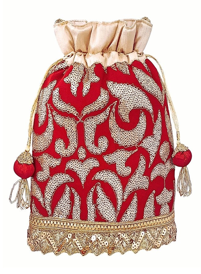 DUCHESS Potli Bag for Women, Ladies & Girls | Traditional Batua Purse with Sequin & Zari Embroidery | Ideal Potli Bag for Wedding, Return Gifts, Festive Functions | Dori Handle (Red) - Image 1