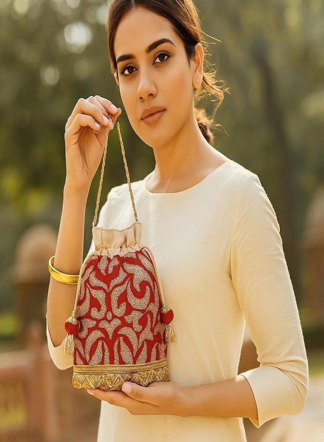 DUCHESS Potli Bag for Women, Ladies & Girls | Traditional Batua Purse with Sequin & Zari Embroidery | Ideal Potli Bag for Wedding, Return Gifts, Festive Functions | Dori Handle (Red) - Image 3