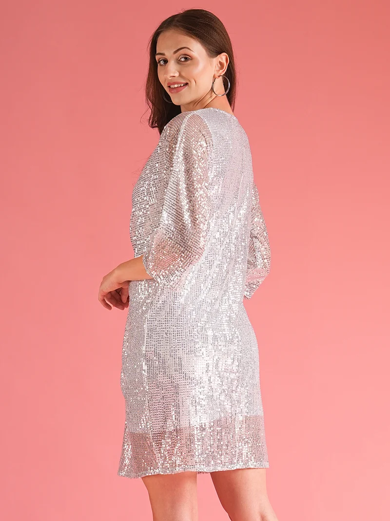 globus Women V-Neck Extended Sleeves Twisted Detail Sequinned Mini Sheath Party Dress