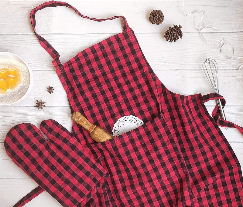 Pixel Home Cotton Apron with Oven Mitt - 100% Cotton Red Checked Kitchen Apron - Image 1