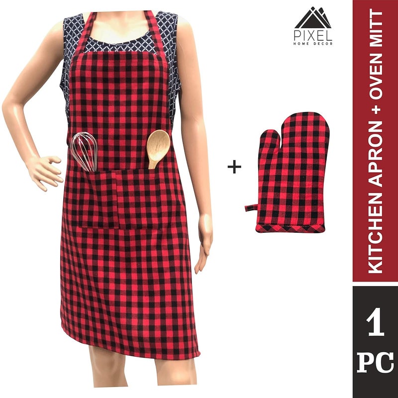 Pixel Home Cotton Apron with Oven Mitt - 100% Cotton Red Checked Kitchen Apron - Image 2