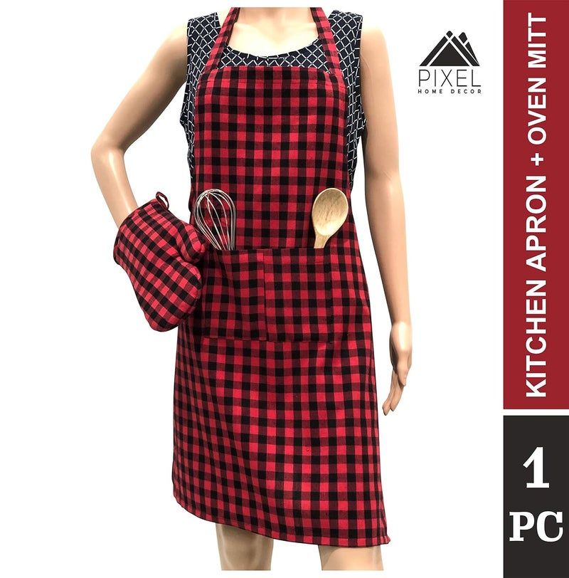 Pixel Home Cotton Apron with Oven Mitt - 100% Cotton Red Checked Kitchen Apron - Image 5