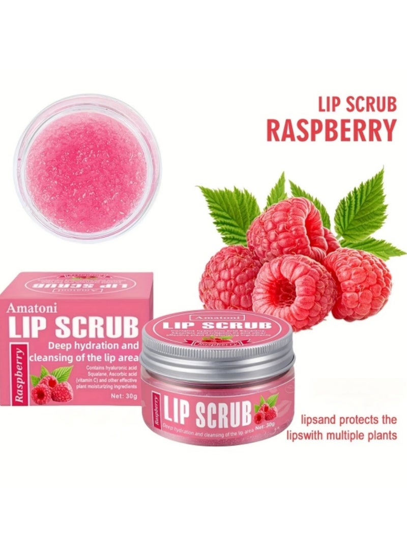 Amatoni Raspberry Lip Scrub 30g – Deep Cleansing & 24H Moisture with Plant Squalane | For Smooth, Glossy & Soft Lips 