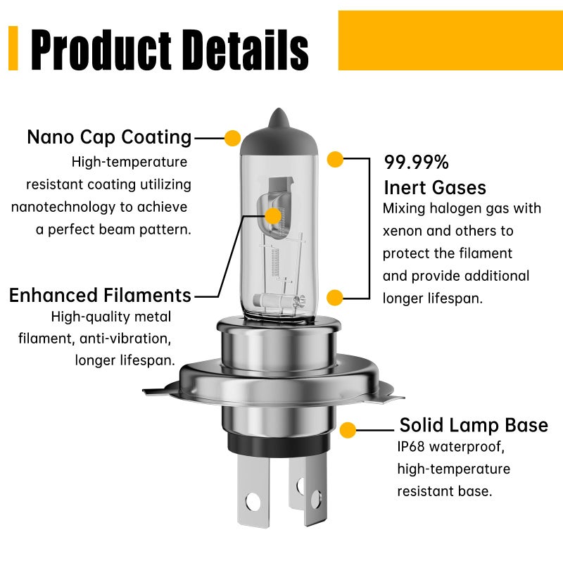 OKOENIEO 9003/H4 Halogen Headlight Bulb,12V 55W Head Lamps,3800K,4000 Lumens,H4 Head Light Bulbs for Car,High and Low Beam,Fog Light Bulb,Pack of 2 - Image 4