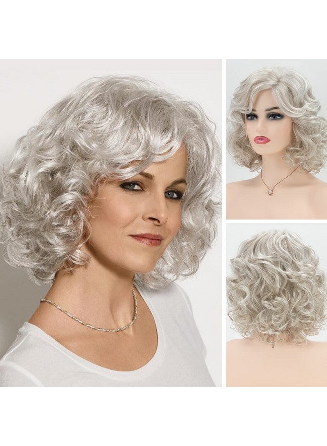 RENERSHOW Chin Length Grey Curly Wigs For White Women Short Gray Mixed Little Light Brown Wavy Bob Wig Natural Women Synthetic Wig With Bangs Easywear Daily Hairstyle - Image 1