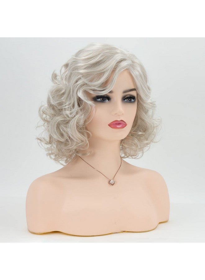 RENERSHOW Chin Length Grey Curly Wigs For White Women Short Gray Mixed Little Light Brown Wavy Bob Wig Natural Women Synthetic Wig With Bangs Easywear Daily Hairstyle - Image 5